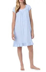 Eileen West Cap Sleeve Cotton Short Nightgown in Aqua Print at Nordstrom, Size Medium