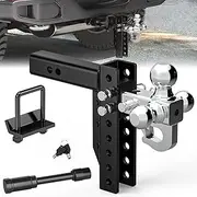 Adjustable Trailer Hitch Ball Mount with Hook, Tri-Ball (1-7/8" x 2" x 2-5/16") Drop Hitch,8 Inch Drop Hitch, Fits 2-Inch Receiver,Anti-Theft Pins Locks,Tow Hitch for Heavy Duty Truck