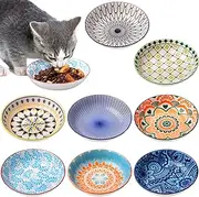 8 Pcs Ceramic Cat Food Bowl Set 8 oz 5.5 Inches Cute Wide Shallow Cat Dish for Relief Fatigue Colorful Small Flat Plates for Kitten Puppy Pet Dishwasher Safe(Classic Pattern)