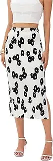 [Abaadlw] Maxi Skirts for Women with Slit Long Midi Length Floral Elastic Pleated Skirt for Party Holiday, Floral Black-white, Small