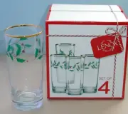 Lenox Holiday Holly Berry SET/4 Highball Glasses 6.25" Gold Rim 14oz. 849605 New