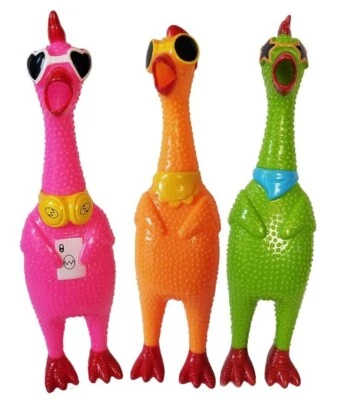 3 Happy Farm 8.6" RUBBER CHICKEN SQUEAK Screaming Sound Squeeze Dog Toy Novelty