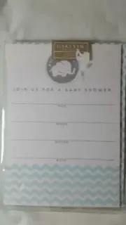 GARTNER STUDIOS BABY SHOWER INVITATIONS WHITE AQUA & GRAY WITH ELEPHANT 10 COUNT