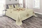 Vintage Quilted Coverlet & Pillow Shams Set, Compass Nautical Retro Print