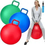Lewtemi 3 Pcs Bouncing Ball with Handle, Hopper Ball Jumping Hopping Ball, Exercise Ball and Air Pump for Outdoors Sports School Games Exercise (Red, Blue, Green,31.5 Inch)