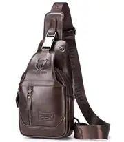 Genuine Leather Men's Sling Shoulder Backpack Multi-pocket Crossbody Brown
