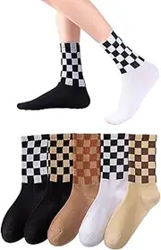 [AKAMAS] 5 Pairs Women's Black and White Checked Socks, Funny Chess Checkerboard Socks, Vintage Breathable Cotton Socks, Sports Socks, Women Daily Casual Trend Ankle Socks (Size 35-41)
