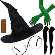 Wakejoy Green Witch Costume Hat Gloves Glasses Socks for Halloween Women Cosplay Masquerade Accessory
