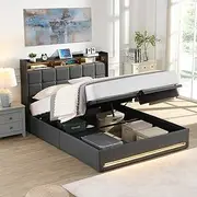 Queen Bed Frame with Storage, Gas Lift Upholstered Bed Frame with LED Lights Headboard, Queen Size Bed with Charging Station, Noise-Free, No Box Spring Needed, Easy Assembly, Grey