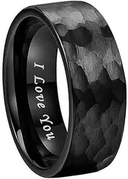 [TUTISS] 6mm 8mm Silver Black and Gold Hammered Tungsten Carbide Rings for Men Women Fashion Engagement Wedding Bands Matte Finish I Love You Engraved Comfort Fit