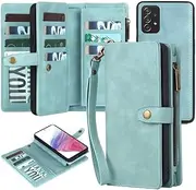 [Yidai-Silu] Galaxy A53 Flip Case【Wallet,Detachable 】 Magnetic Closure Zipper Case Pockets Wrist Strap Card Holder Kickstand Slots Folio Cover for Samsung Galaxy A53 6,5” - Blue