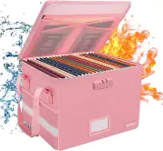 Fireproof File Box with Lock, Collapsible Organizer for Legal Documents, Pink