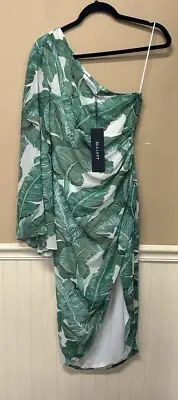 Elliatt Aurora One Shoulder Tropical Green Leaf Print Midi Dress Size S NWT