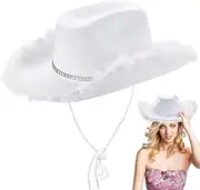 [Generic] Cowboy Hat With Feathers, Sparkly White Western Festival Fancy Dress Hat, Non-Woven Feather Trim Hat Ideal For Women's Music Festival, Beach, Cowboy Themed Events, Birthdays