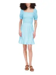 MICHAEL MICHAEL KORS Womens Turquoise Peasant Dress Logo Plate Dress L