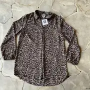 Anne Klein Leopard Print Long Sleeve Blouse Size Small Runs Big Chiffon V Neck