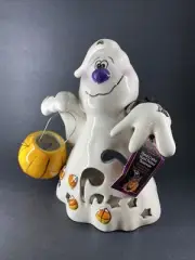 NWT Blue Sky Clayworks Ceramic Tea Light Holder Ghost with Pumpkin Basket 2010