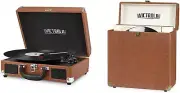 3-Speed Bluetooth Portable Suitcase Record Player with Built-In Speakers, Brown