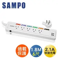 在飛比找樂天市場購物網優惠-SAMPO 聲寶6切5座3孔6尺2.1A雙USB延長線 (1