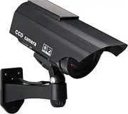 F FINDERS&CO Dummy Solar Security Camera, Bullet Fake Surveillance System with Realistic Red Flashing Lights and Warning Sticker Indoor Outdoor (1, Black)