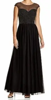 AIDAN MATTOX Black Silver Hand Beaded Illusion Formal Long Dress NWT Womens Sz 2