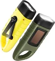 GeeRic 2-Pack Hand Crank Solar Powered Flashlight, Emergency Rechargeable LED Flashlight, Survival Flashlight, Quick Snap Carabiner Dynamo Flashlight Torch for Outdoor Sports, Army Green+Yellow