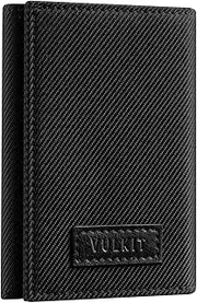 [VULKIT] Minimalist Leather RFID Blocking Trifold Wallet Slim Credit Card Holder with 3 ID Windows & Zipper Pocket for Men (Black)