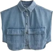 [Bciopll] Women Fashion Solid Color Double Pocket Patch Short Denim Blouse Female Buttons Shirt 5015 S
