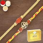 Ghasitaram Gifts Rakhi for Brother Rakhis Online - Set of 2 RM605 and R50016 Premium Rakhis with 400 GMS of Soan Papdi