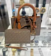 Michael Kors Sheila Small CZ Satchel Crossbody Bag+Flat Phone Case Wallet -Brown