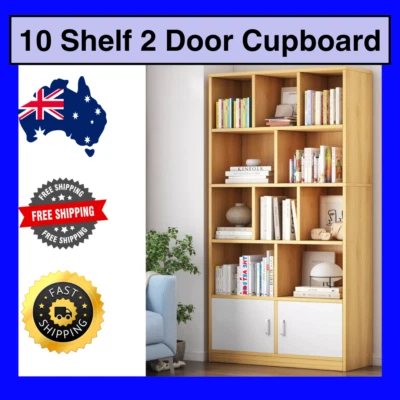 Omega 10-Shelf 2-Door Wardrobe Cupboard Bookshelf Cabinet Oak Storage Home AUS