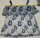 Lane Bryant Womens Blue White Floral Lace Peasant Ruffle Off Shoulder Blouse Top