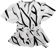 [Allegra K] Printed Peplum Top for Women's Flutter Sleeves Elastic Waist Belt Wrap V Neck Blouse