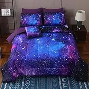 JQinHome Queen Galaxy Purple Comforter Sets Blanket,6 Piece Bed in A Bag 3D Outer Space Themed Bedding, All-Season Reversible Quilted Duvet, for Children Boy Girl Teen Kids(Blue Purple)