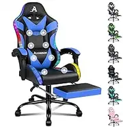 ALFORDSON RGB Gaming Chair with 8 Points Massage and Recline, Lyam Blue Height Adjustable Racing Chair with LED Light, Ergonomic Executive Office Chair PU Leather with Footrest, 180kg Capacity