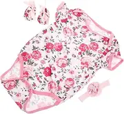Toyvian 3pcs Rose Pattern Clothes Short Sleeve Jumpsuit Floral Shoes Headband for Dolls Outfit for Year Old