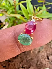 Vintage Natural Ruby With Natural Emerald 14k Solid Gold Charm Pendant