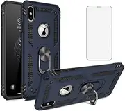 Phone Case for iPhone Xs Max with Tempered Glass Screen Protector and Magnetic Stand Ring Holder Shockproof Heavy Duty Cell Accessories i X XR Xsmax 10x SX Xmax 10xs 10s 10 Plus Xmaxs Women Men Blue