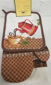 3 pc SET: 1 POT HOLDER, 1 TOWEL & 1 OVEN MITT, TEAPOT & HOT COFFEE CUP, Sunrise