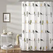 [Lush Decor] Rowley Birds Shower Curtain, 72” W x 72” L, Yellow & Gray - Colorful Floral Bird Pattern - Whimsical & Playful Bird Shower Curtain - Farmhouse, Coastal, & Boho Bathroom Decor