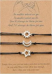 [GUMOTCY] 3 PCS Friendship Bracelets for 3 Best Friend Couples with Moon Sun Star Adjustable Handmade Cord Relationship Bracelets, Medium, high-grade wax rope and alloy, no gemstone