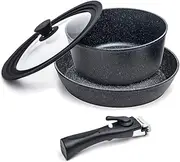[KINGS] Aluminium Cooking Set | 28cm Frypan | 24cm Saucepan | Interchangeable Lid | Removable Handle| for Gas Electric Induction and Campfire Cooking