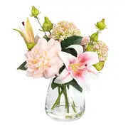Glamorous Fusion Peony & Pink Lily Artificial Fake Plant Flower Decorative Arrangement 28cm In Glass