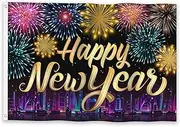 YongFoto 2025 Happy New Year Flag 3x5ft Colorful Glitter Fireworks Blooming City Night Flags for Holiday Celebrations Banner Home Outdoor Garden Porch Indoor Party Decor, with 2 Sturdy Grommets