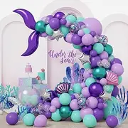 136 PCS Mermaid Balloon Garland Kit, Purple Balloon Arch 136pcs Under The Sea Balloons Mermaid Tail Arch Party Supplies with Tail Balloons and Cowry Balloons for Mermaid Birthday Party Decorations.
