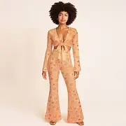 Retro Vintage 1970s Outfits Crop Top Bell Bottom Pants Hippie Bow Tie Floral Women's Halloween Carnival Masquerade Party Daily Wear Adults' Top Pants Spring S