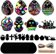 Pack of 24 Easter Scratch Pictures Children, Craft Set Rainbow Paper Card for Children, Easter Egg Bunny, Chick Shape with Ribbons, Scratch Pen, Scratch Art for Easter Party, Decoration, DIY