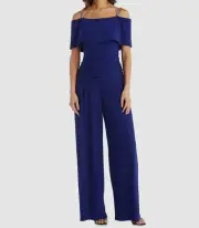 R&M Richards Women's Blue Rhinestone Cold-Shoulder Jumpsuit Size 14