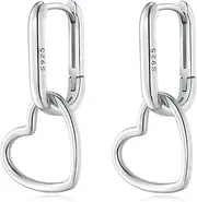[Reffeer] Solid 925 Sterling Silver Heart Drop Earrings Hoop for Women Teens Minimalist U Hoop Earrings Link Drop Earrings