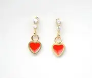 14K Solid Yellow Gold Enamel Heart Shape Dangle Stud Earring